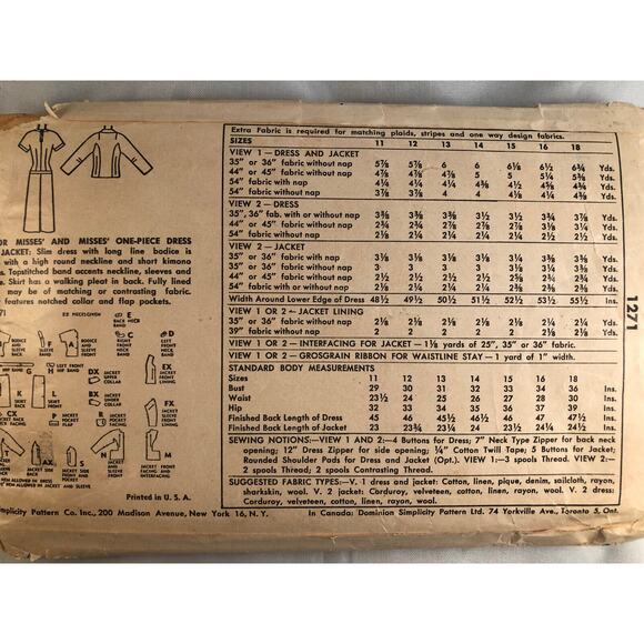 VINTAGE,SIMPLICITY,1955, DRESS & JACKET,#1271,SIZE 14, BUST 32 - Picture 2 of 2